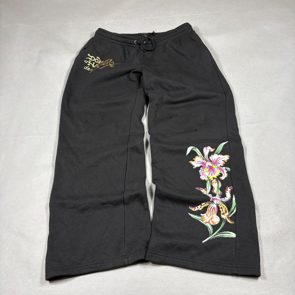 Ed Hardy Black Tiger Floral Wide Leg Sweatpants Y2K Tattoo Graphic Large